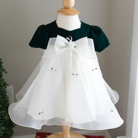 Baby Girl's Dress Green Velvet Ivory Chiffon Size 6-9 Months Special Occasion - Picture 2 of 6